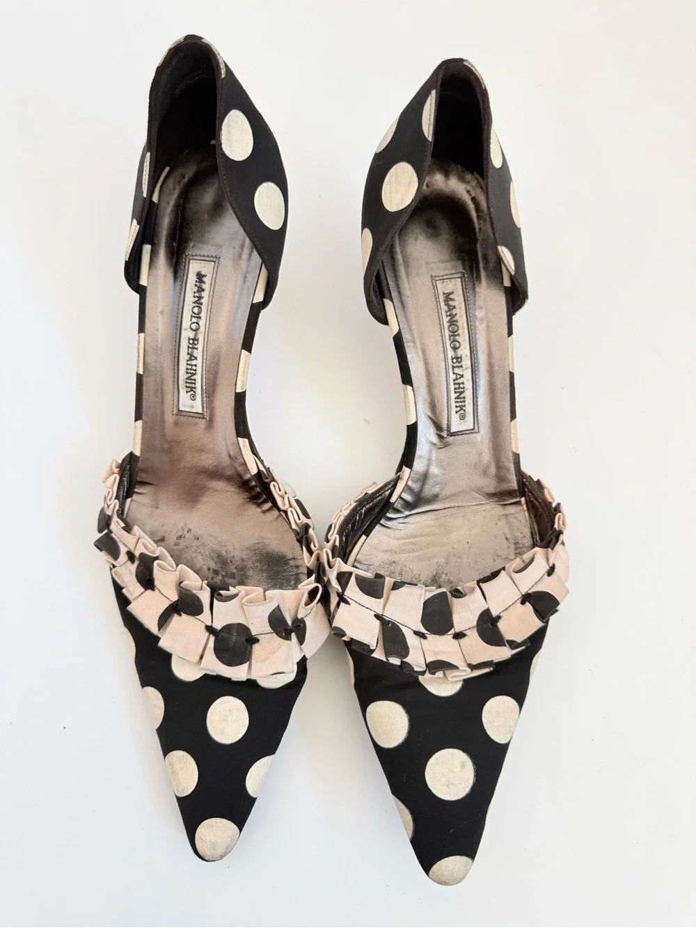 Manolo Blahnik Vintage Black White Polka Dot Ruffle D’Orsay Pumps 41.5